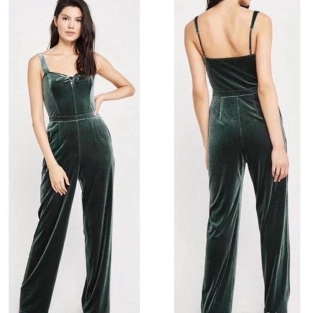 Abercrombie & Fitch Green Velvet Jumpsuit Womens XL Wide Leg Bow With Pockets
